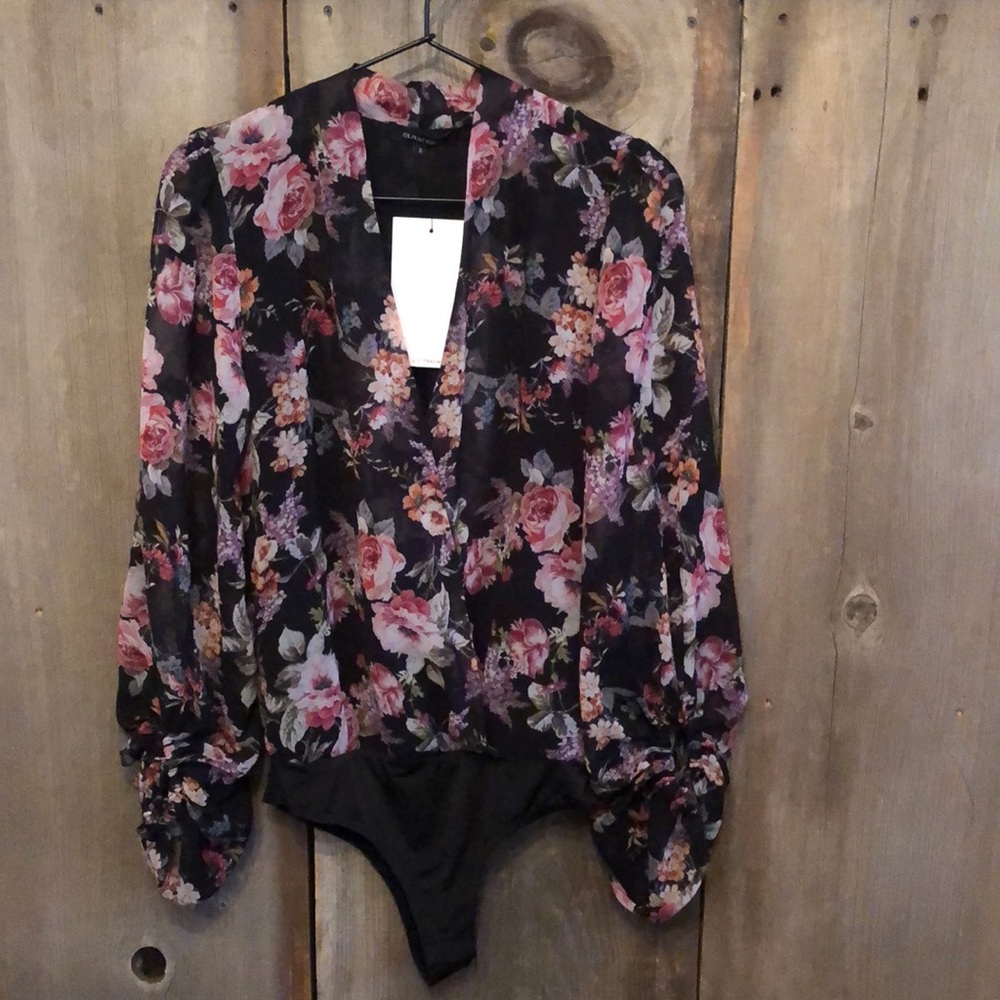 Olivaceous Floral Wrap Thong Bodysuit Sheer Long Bubble Sleeve Black Size Small